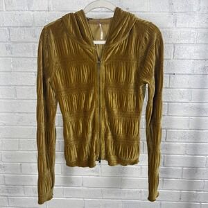 Free People Gracie Velvet Zip Up Hoodie Jacket Womens S Gold Ruched Textured Y2K